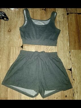 Womens Grey Two-Piece Lounge Set - Cropped Tank + Shorts